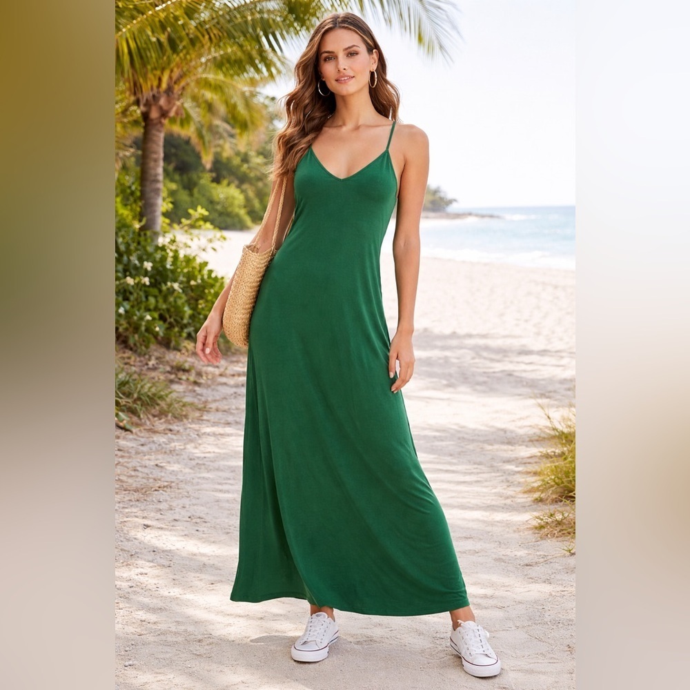 Green Spaghetti Strap Maxi Dress Stretch Casual Summer XS S Magia